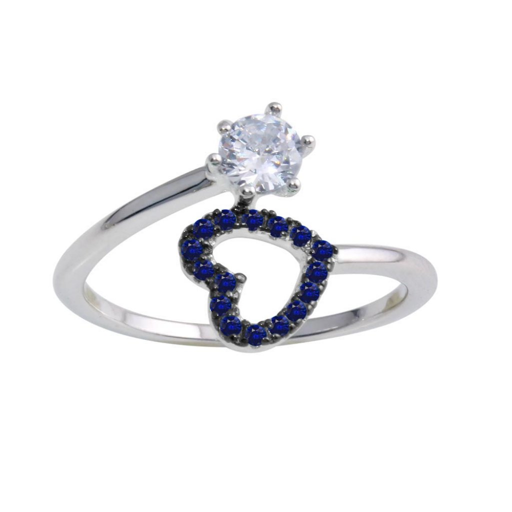Sterling Silver 925 Rhodium Plated Open Heart Ring With Blue And Clear Cz 58$